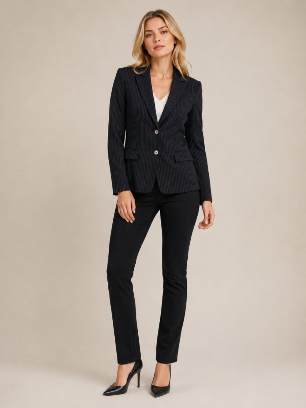 TAHARI Arthur S. Levine Pinstripe Two-Button Blazer Black 6 #A4308